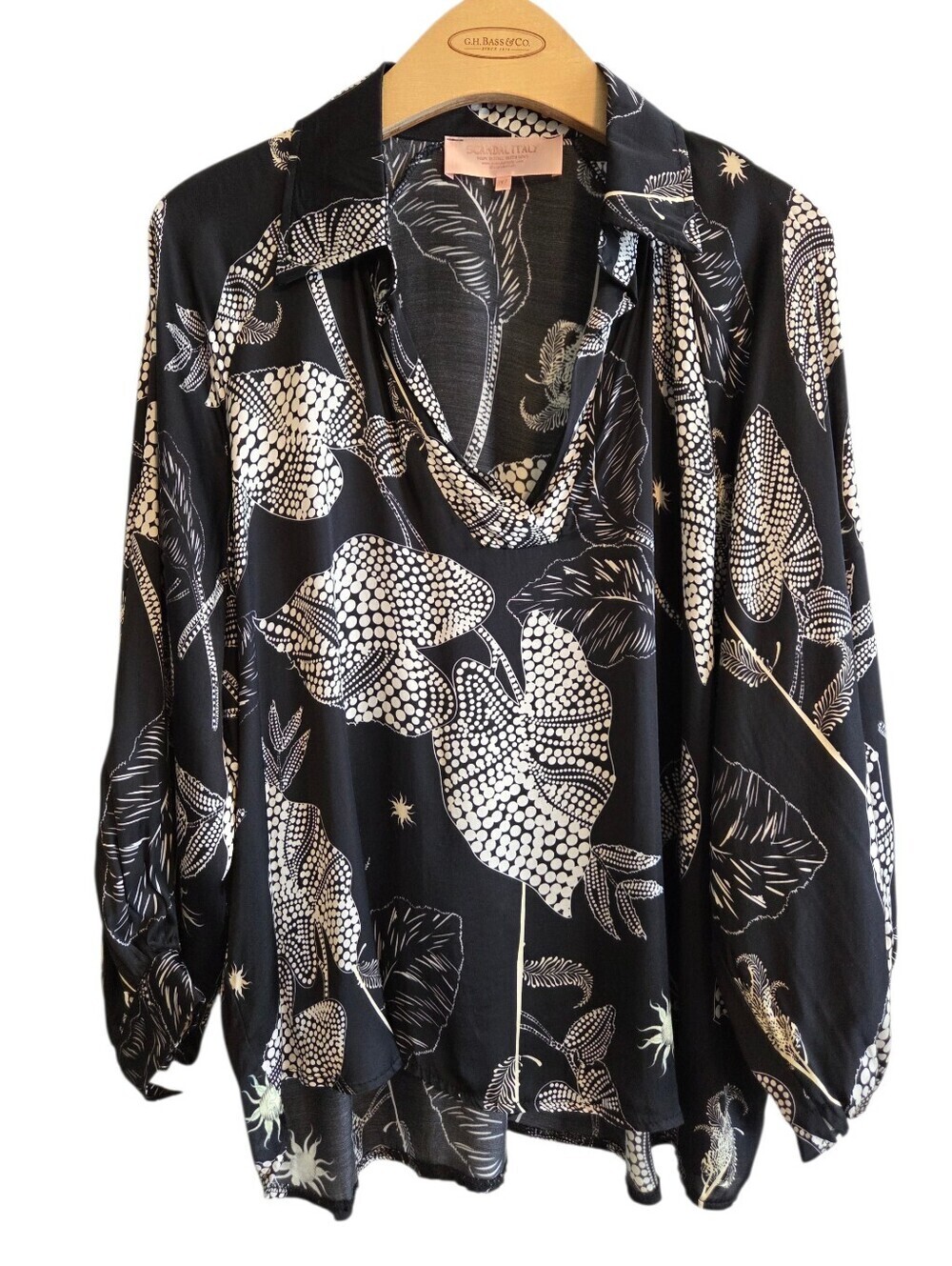 Scandal Italy Ibiza Silk Blend Black White Floral V-Neck Oversized Blouse Sz L